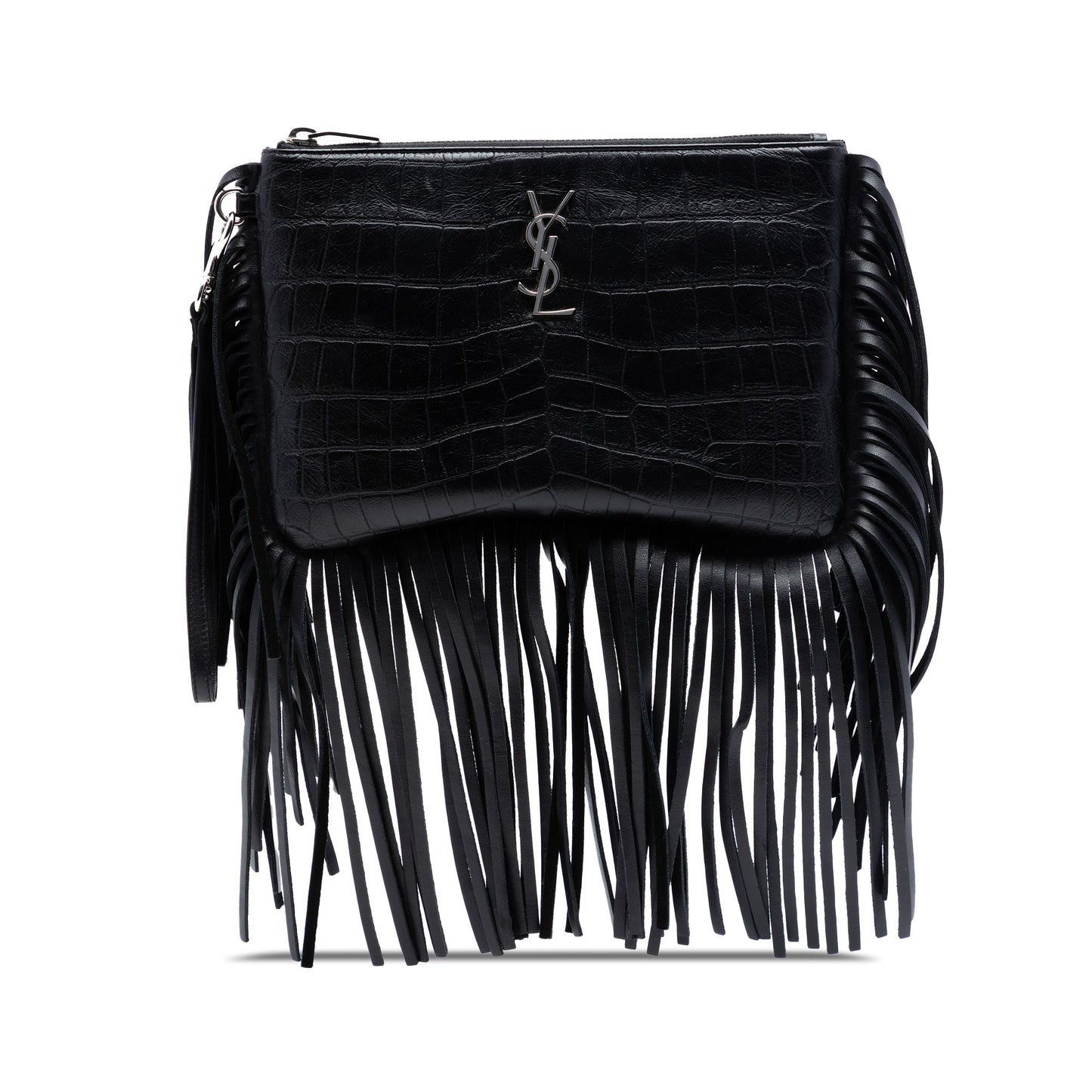 Saint Laurent Croc Embossed Calfskin Monogram Fringe Clutch