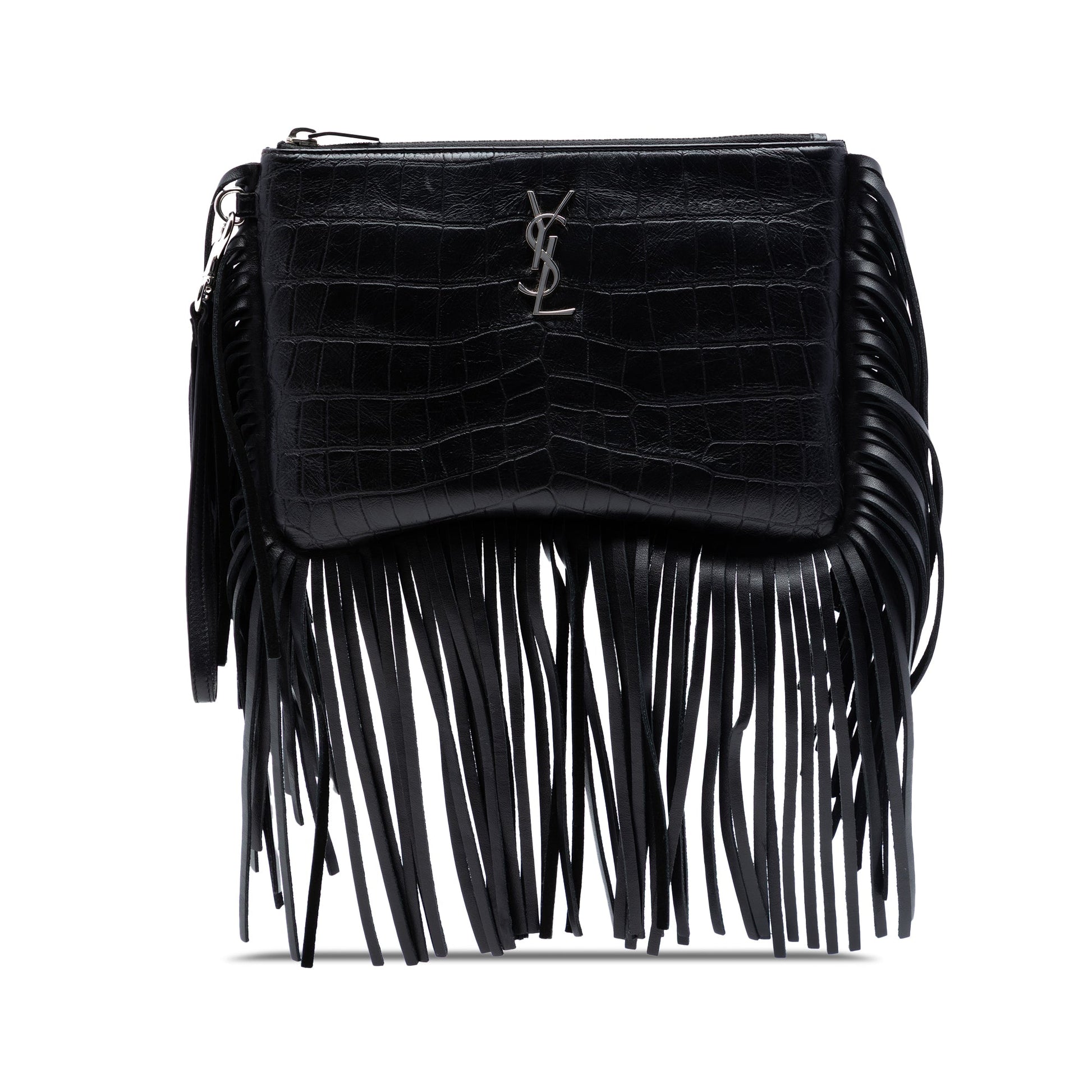 Saint Laurent Croc Embossed Calfskin Monogram Fringe Clutch