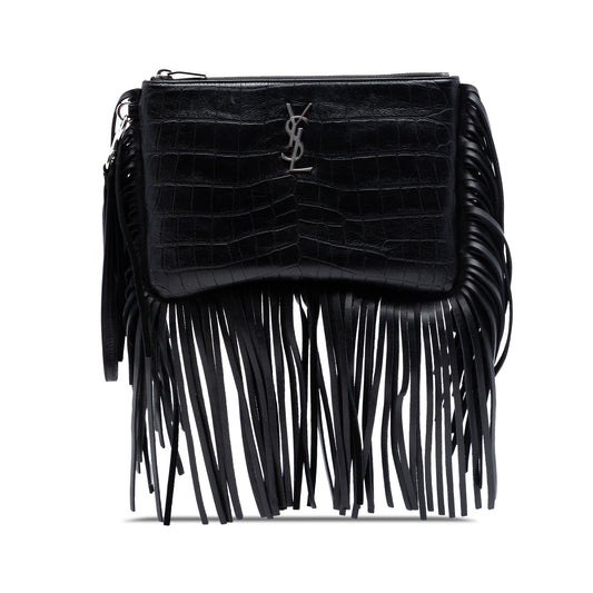 Saint Laurent Croc Embossed Calfskin Monogram Fringe Clutch