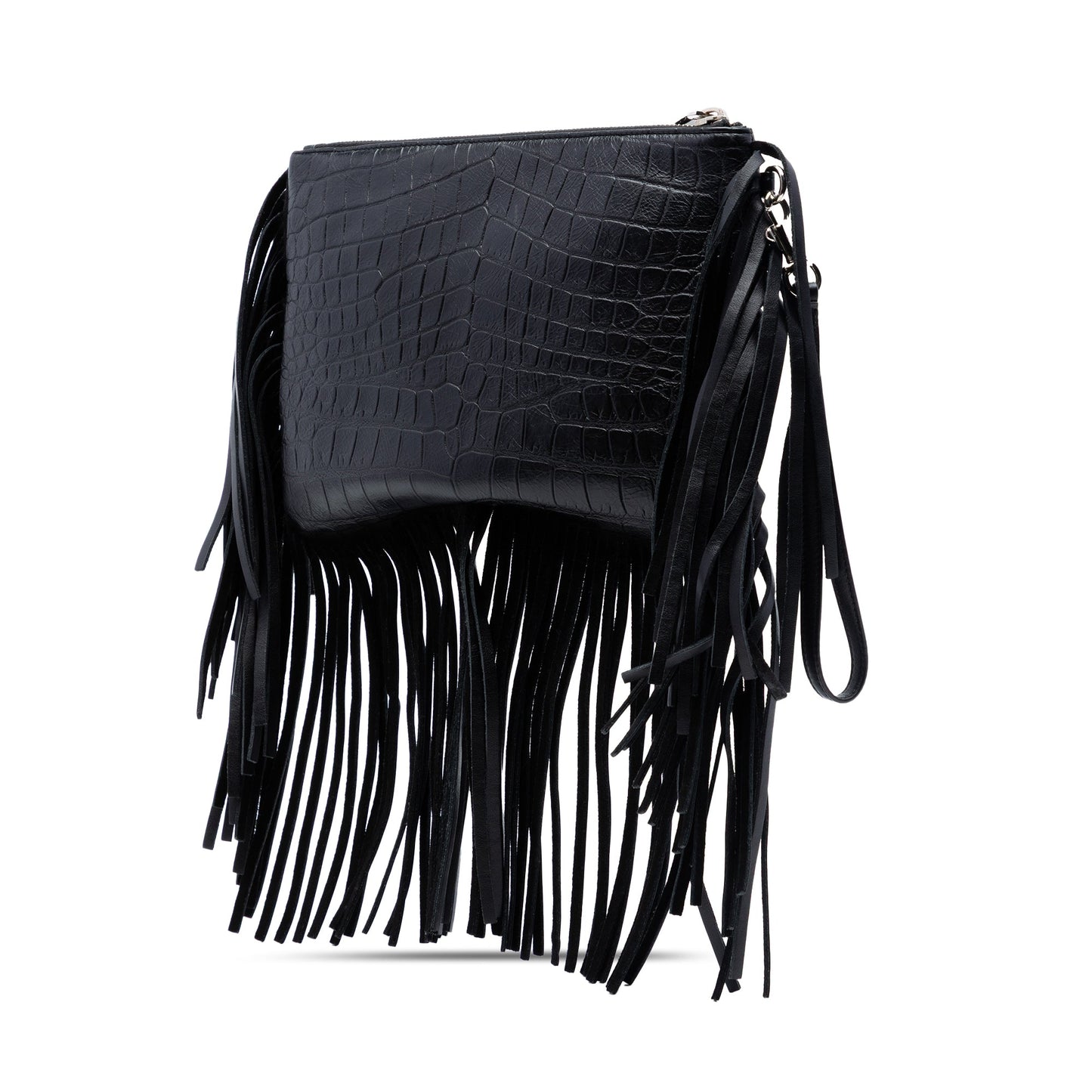 Saint Laurent Croc Embossed Calfskin Monogram Fringe Clutch