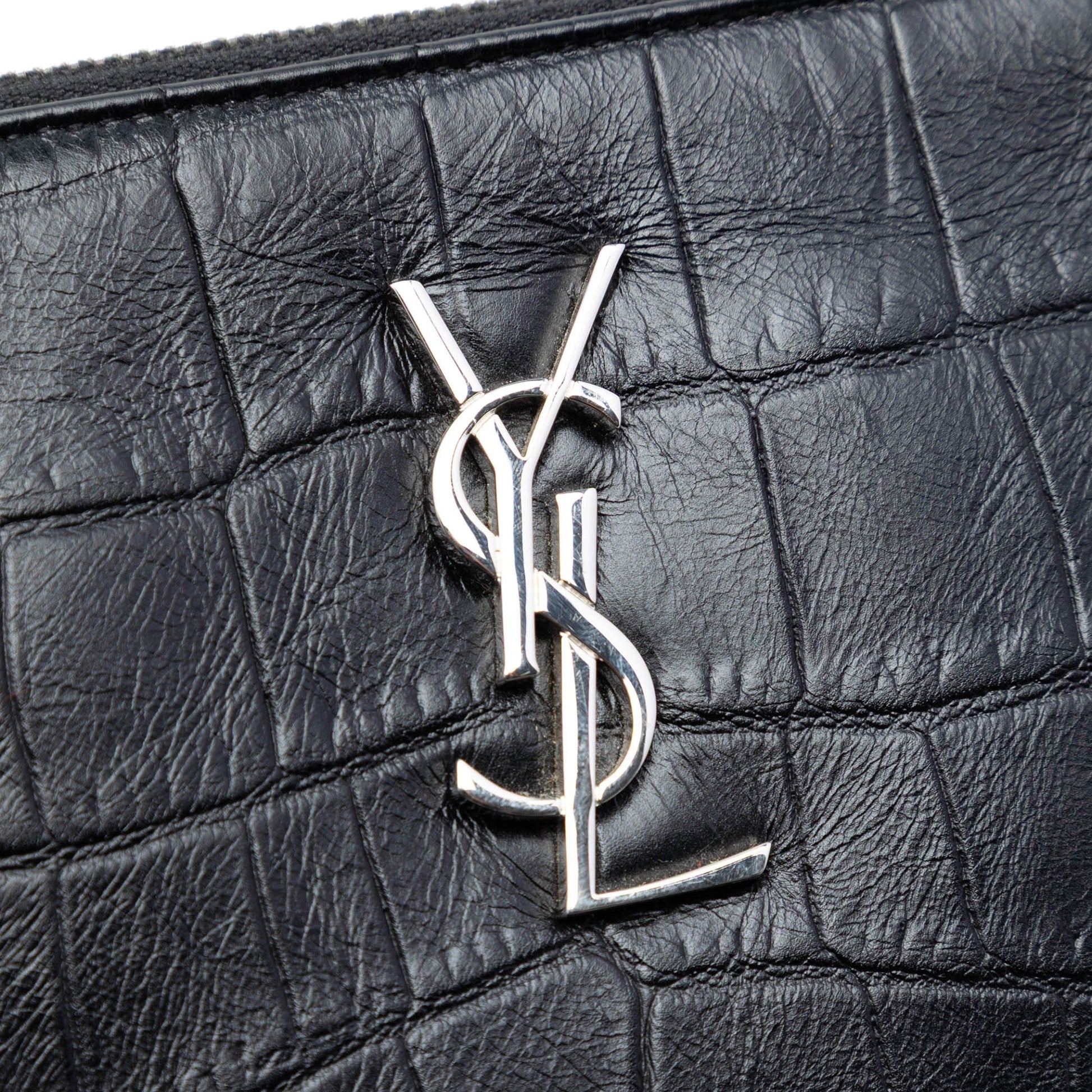 Saint Laurent Croc Embossed Calfskin Monogram Fringe Clutch