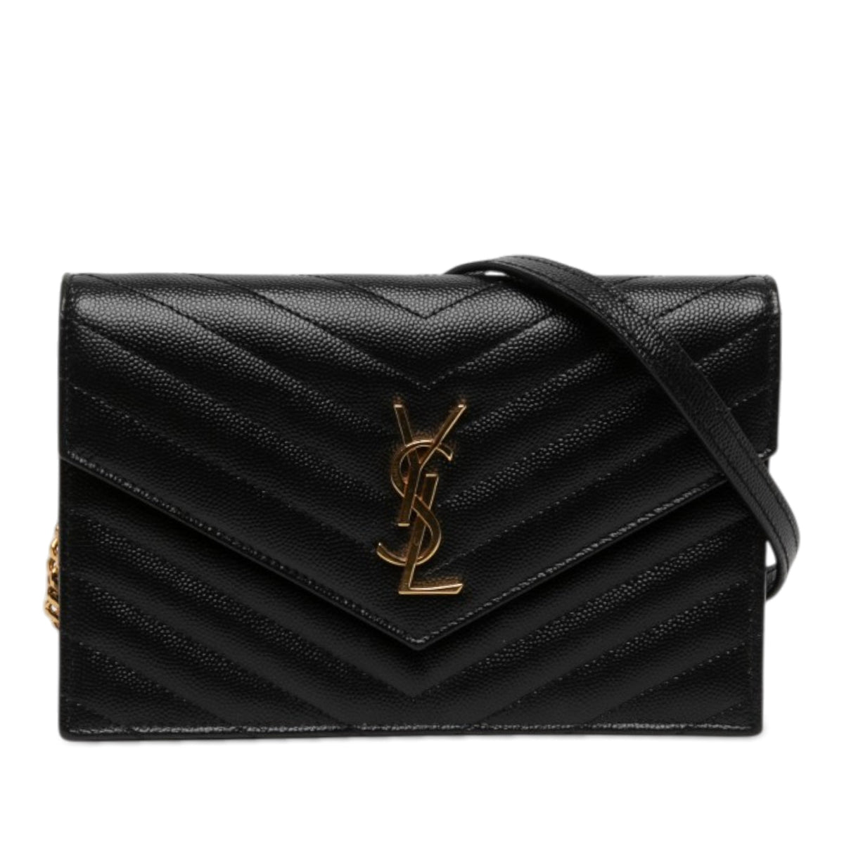 Saint Laurent Grain De Poudre Chevron Cassandre Envelope Chain Wallet — Black