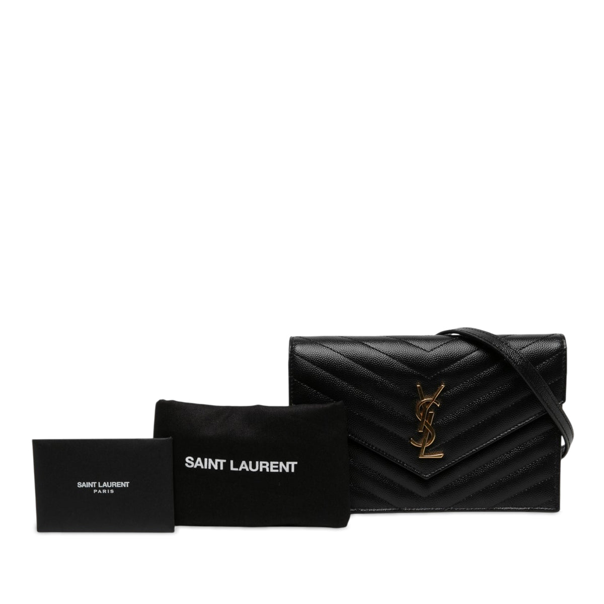 Saint Laurent Grain De Poudre Chevron Cassandre Envelope Chain Wallet — Black