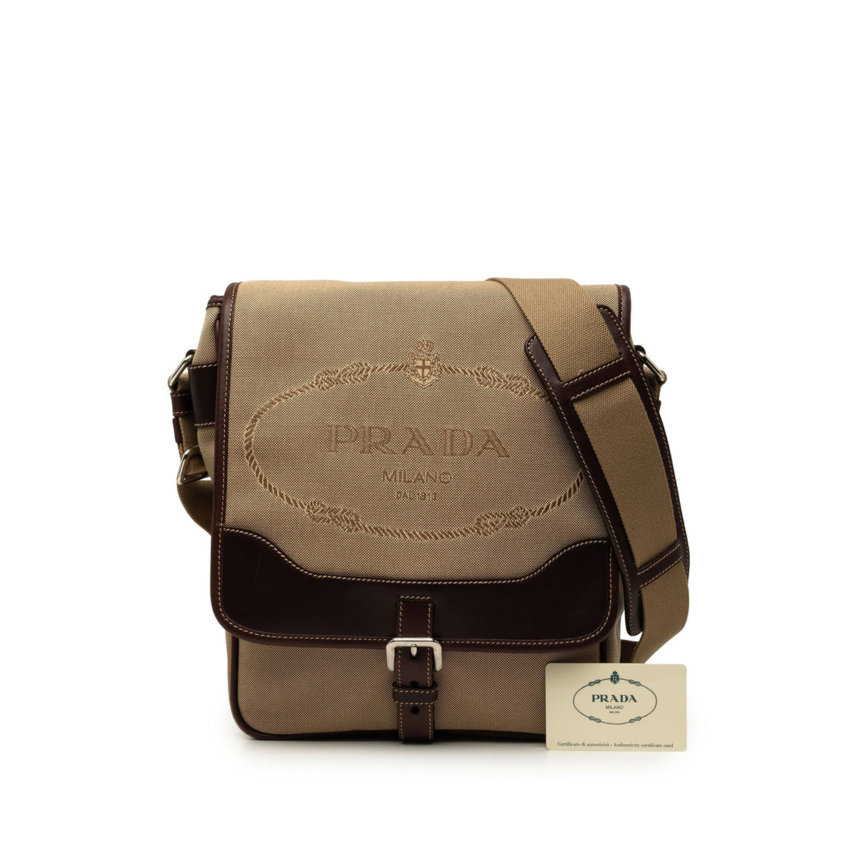 Prada Leather Trimmed Canvas Canapa Logo Buckle Messenger Bag