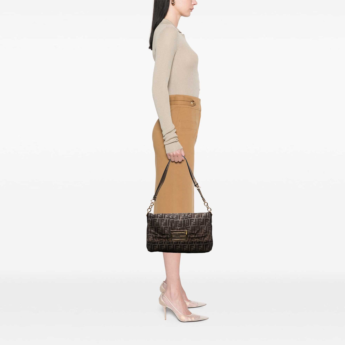 Fendi Large Zucca Canvas Glitter Mia Flap Shoulder Bag