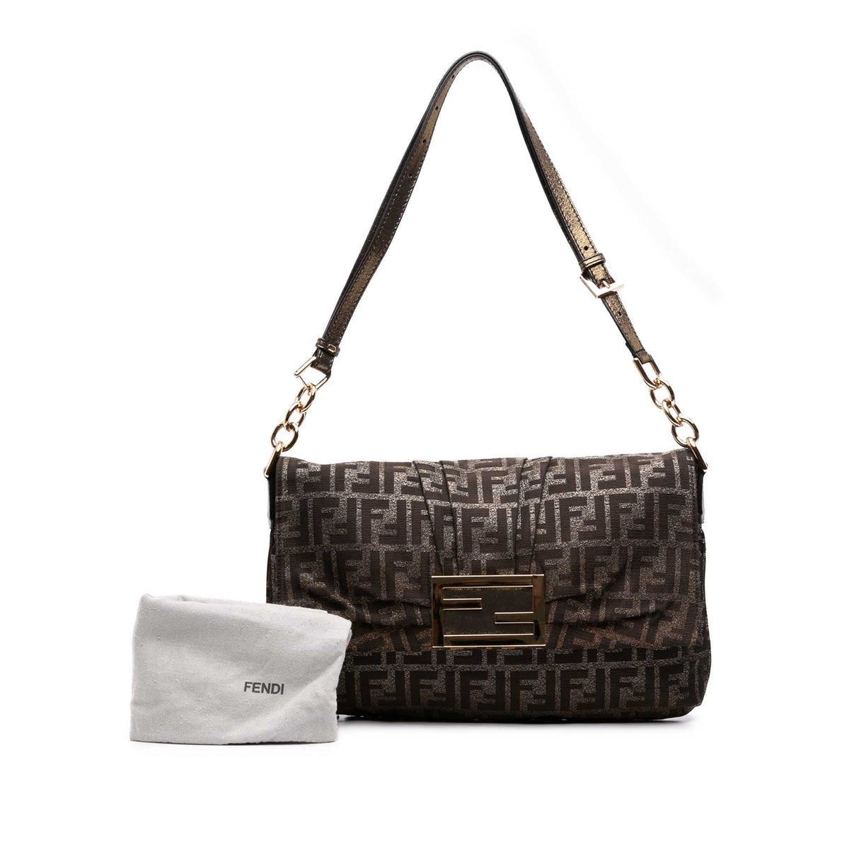 Fendi Large Zucca Canvas Glitter Mia Flap Shoulder Bag