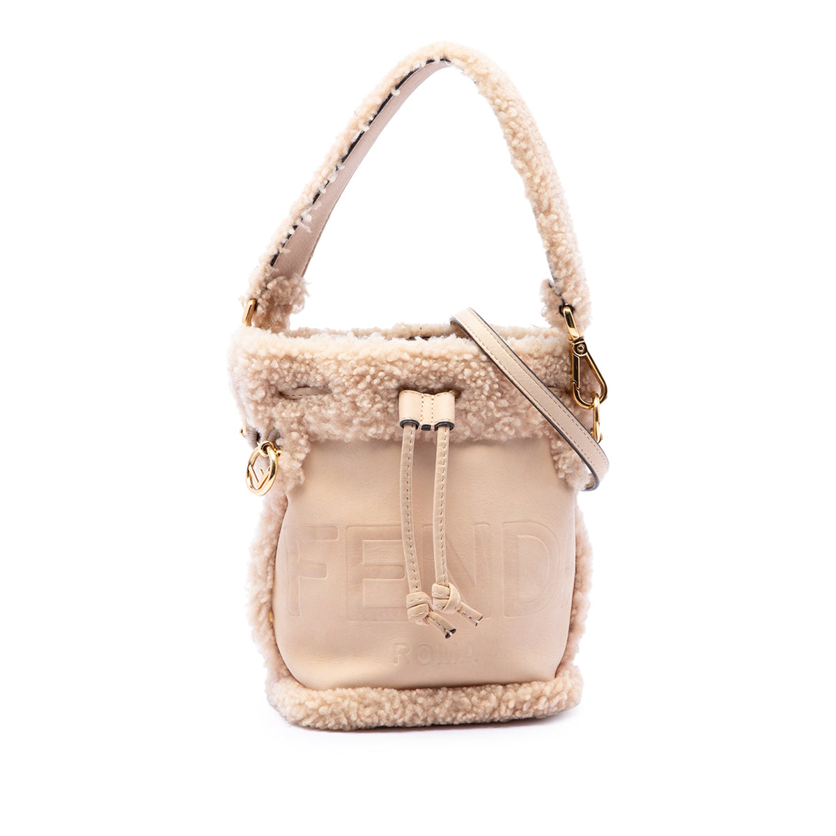 Fendi Mini Shearling Trimmed Leather Mon Tresor Bucket Bag — Brown