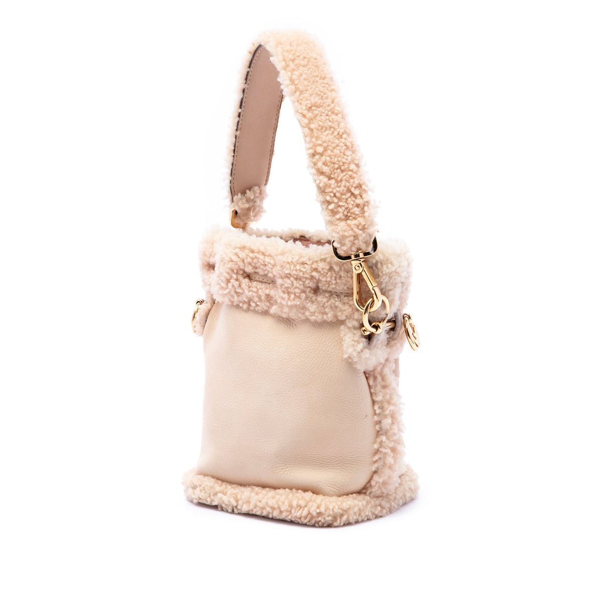 Fendi Mini Shearling Trimmed Leather Mon Tresor Bucket Bag — Brown