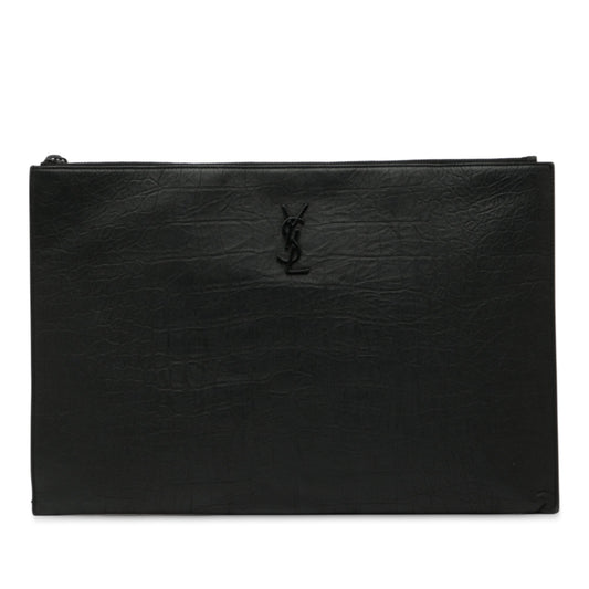Saint Laurent Croc Embossed Leather Monogram Clutch