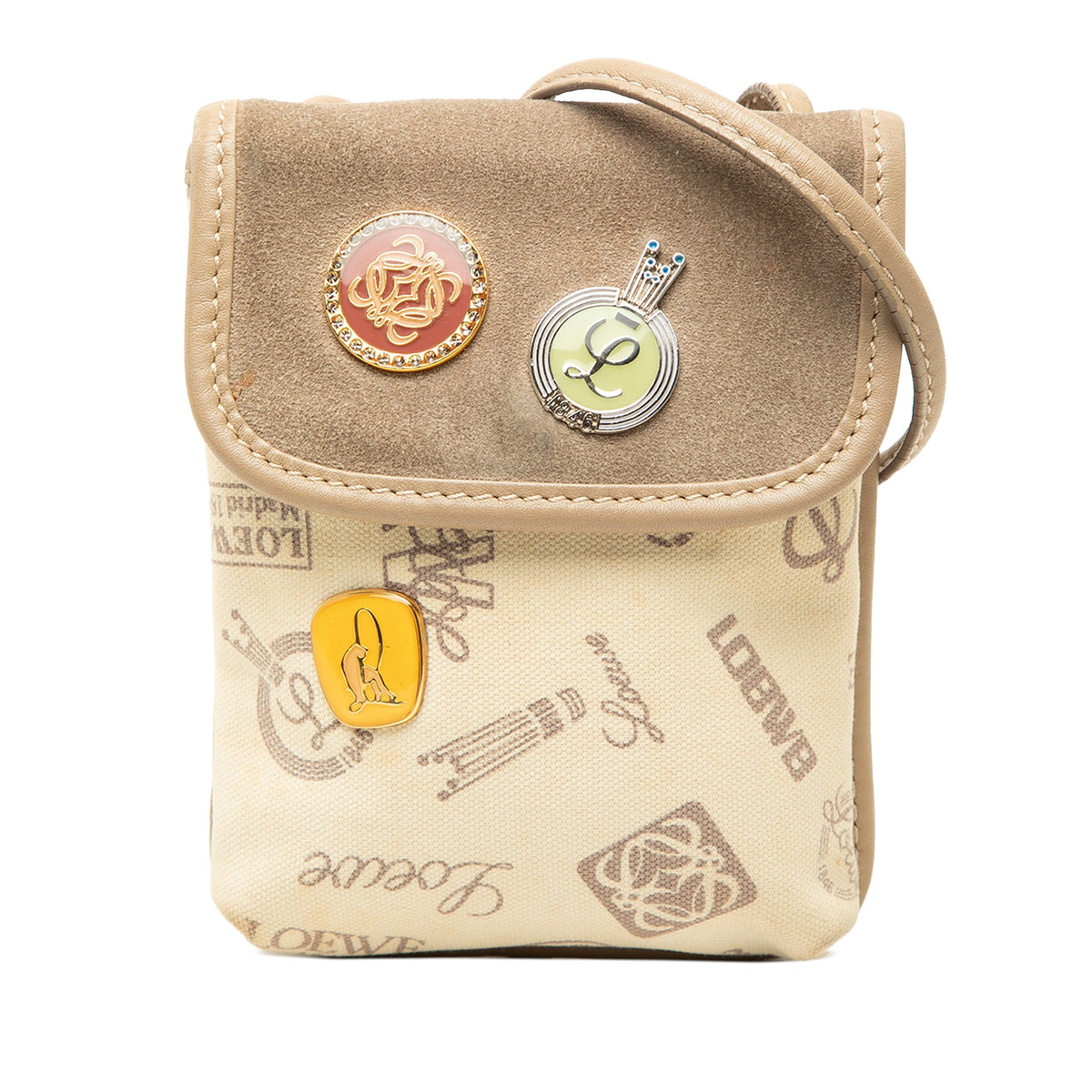 LOEWE 160th Anniversary Suede Trimmed Canvas Crossbody — Beige
