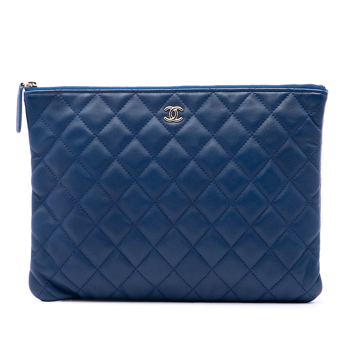 Chanel Medium Quilted Lambskin O Case Clutch — Blue