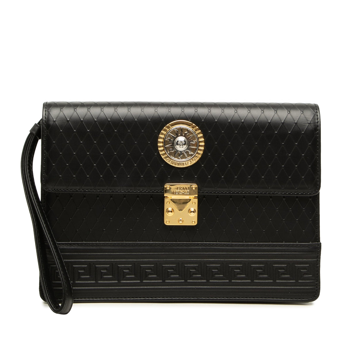 Versace Leather Medusa Sunburst Clutch — Black
