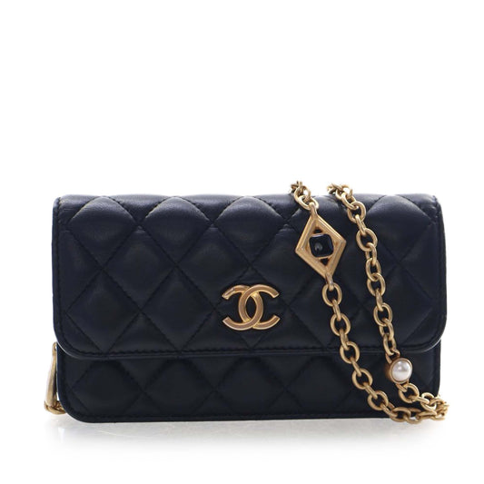 CC Quilted Lambskin Enamel and Pearl Wallet On Chain