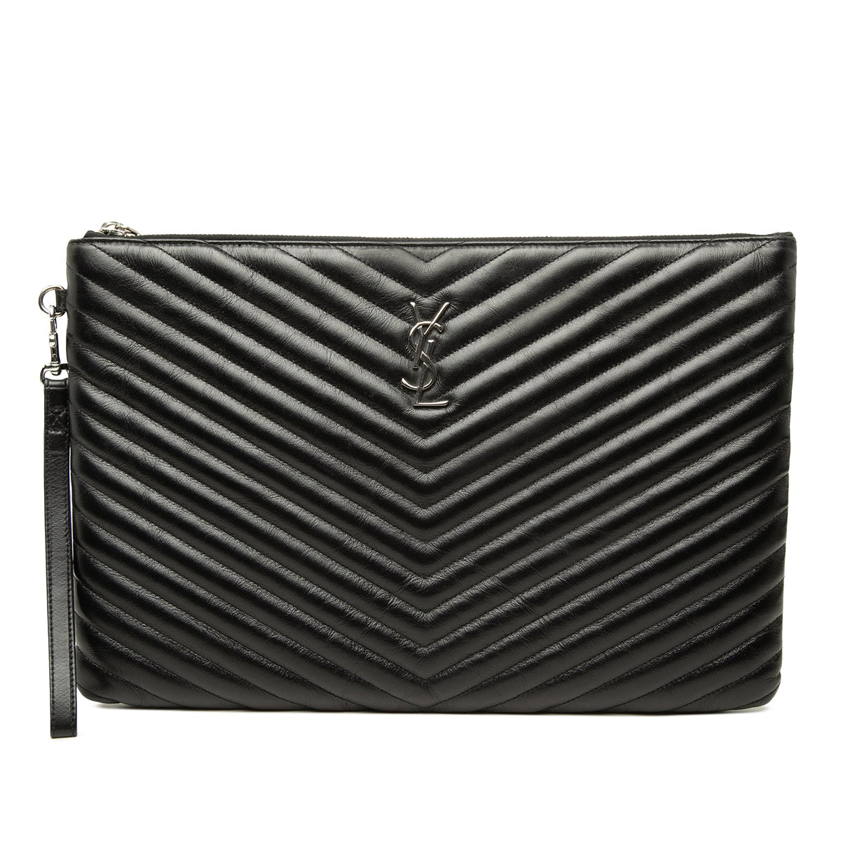 Saint Laurent Chevron Leather Monogram Document Holder — Black
