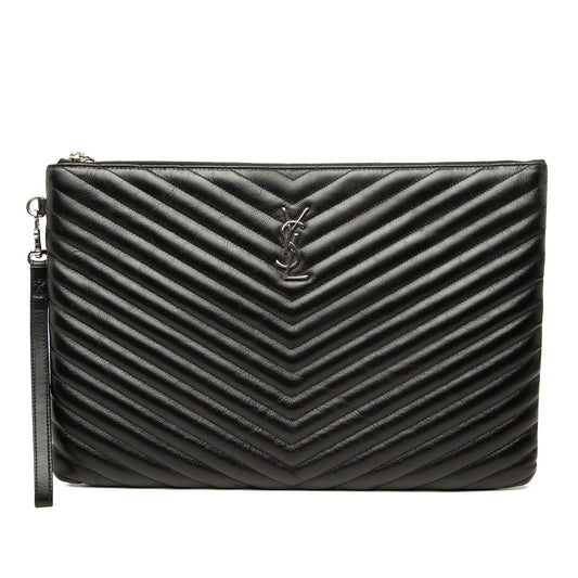 Saint Laurent Chevron Leather Monogram Document Holder — Black