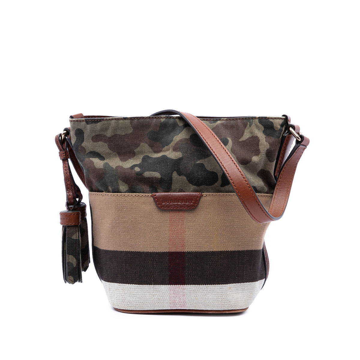 Burberry Mini Mega Check Canvas Camouflage Ashby Tassel Bucket Bag — Brown