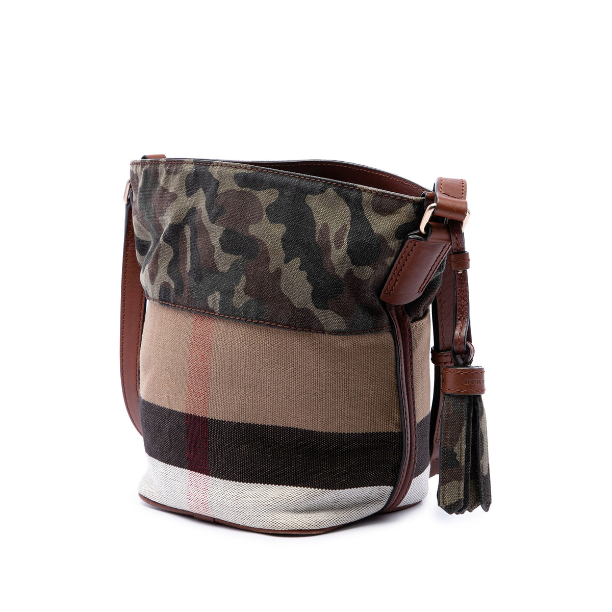 Burberry Mini Mega Check Canvas Camouflage Ashby Tassel Bucket Bag — Brown