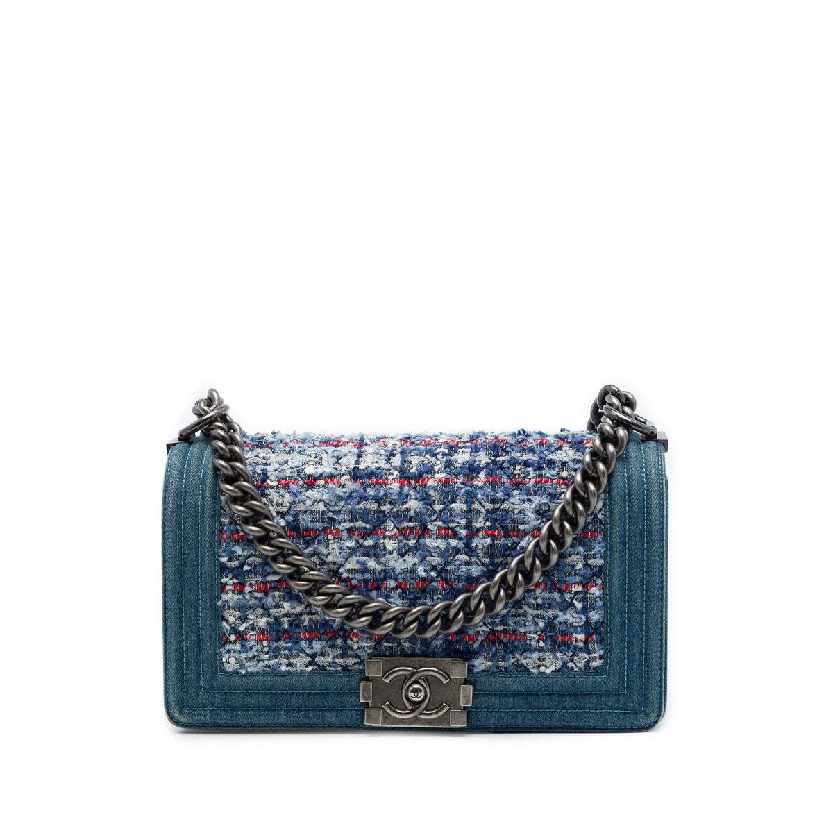Chanel Old Medium Quilted Denim and Tweed Boy Flap — Blue