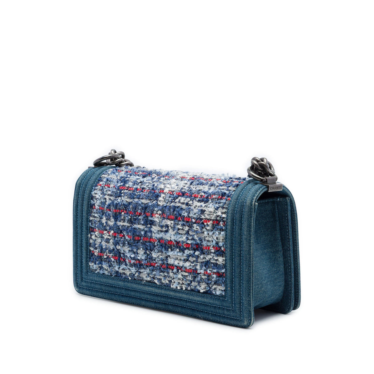 Chanel Old Medium Quilted Denim and Tweed Boy Flap — Blue
