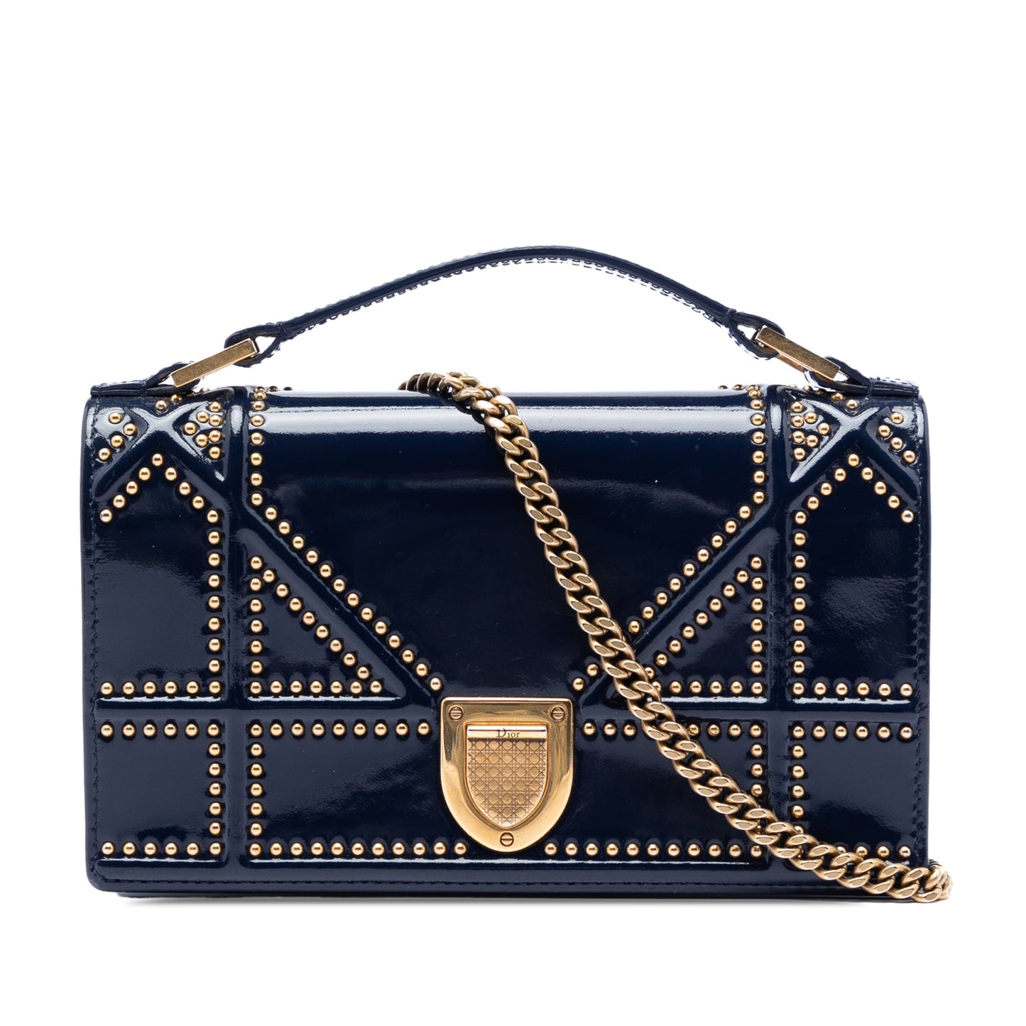 Dior Patent Studded Diorama Top Handle Wallet on Chain