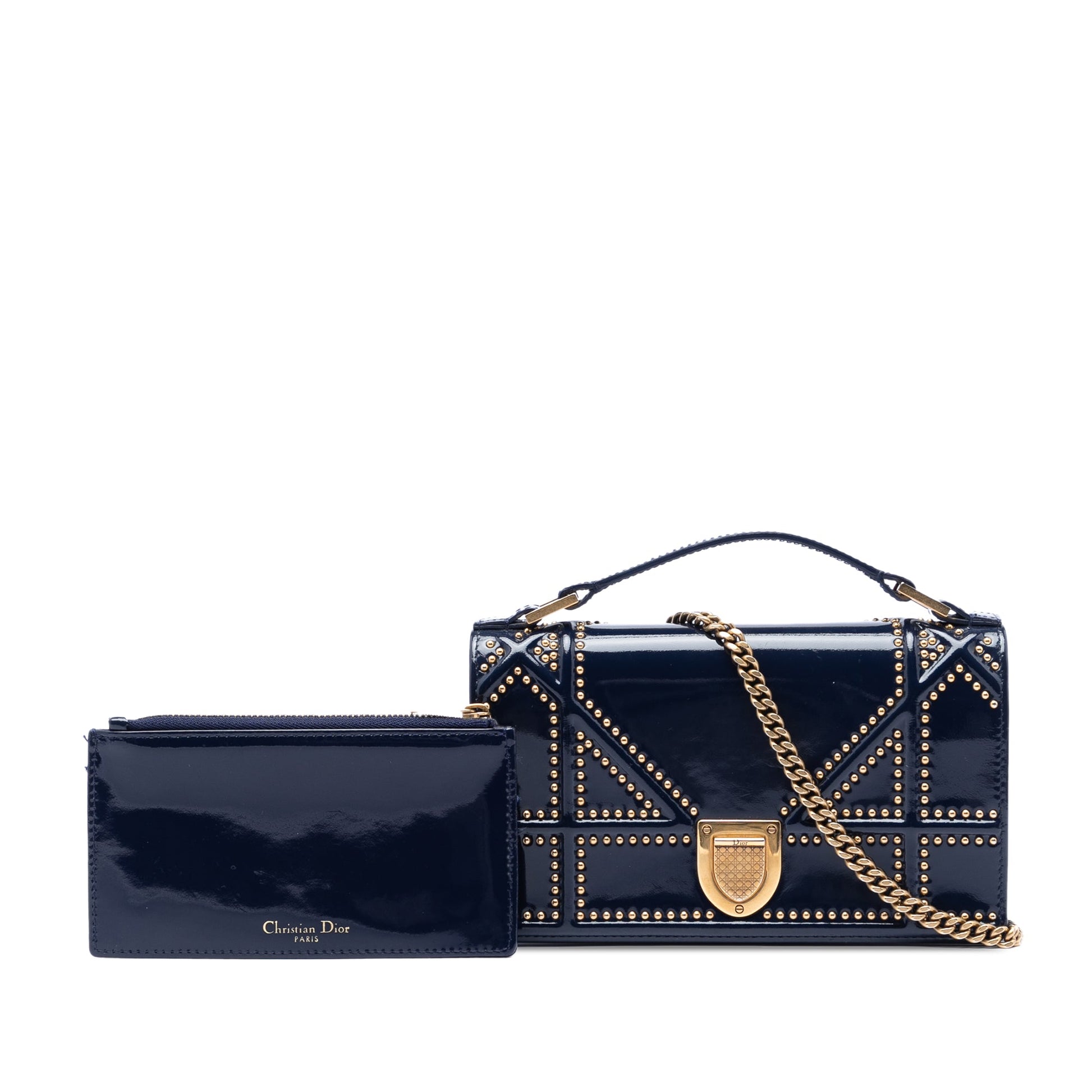 Dior Patent Studded Diorama Top Handle Wallet on Chain
