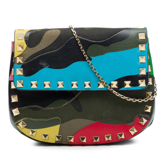 Valentino Nappa and Canvas Camouflage Rockstud Flap Crossbody