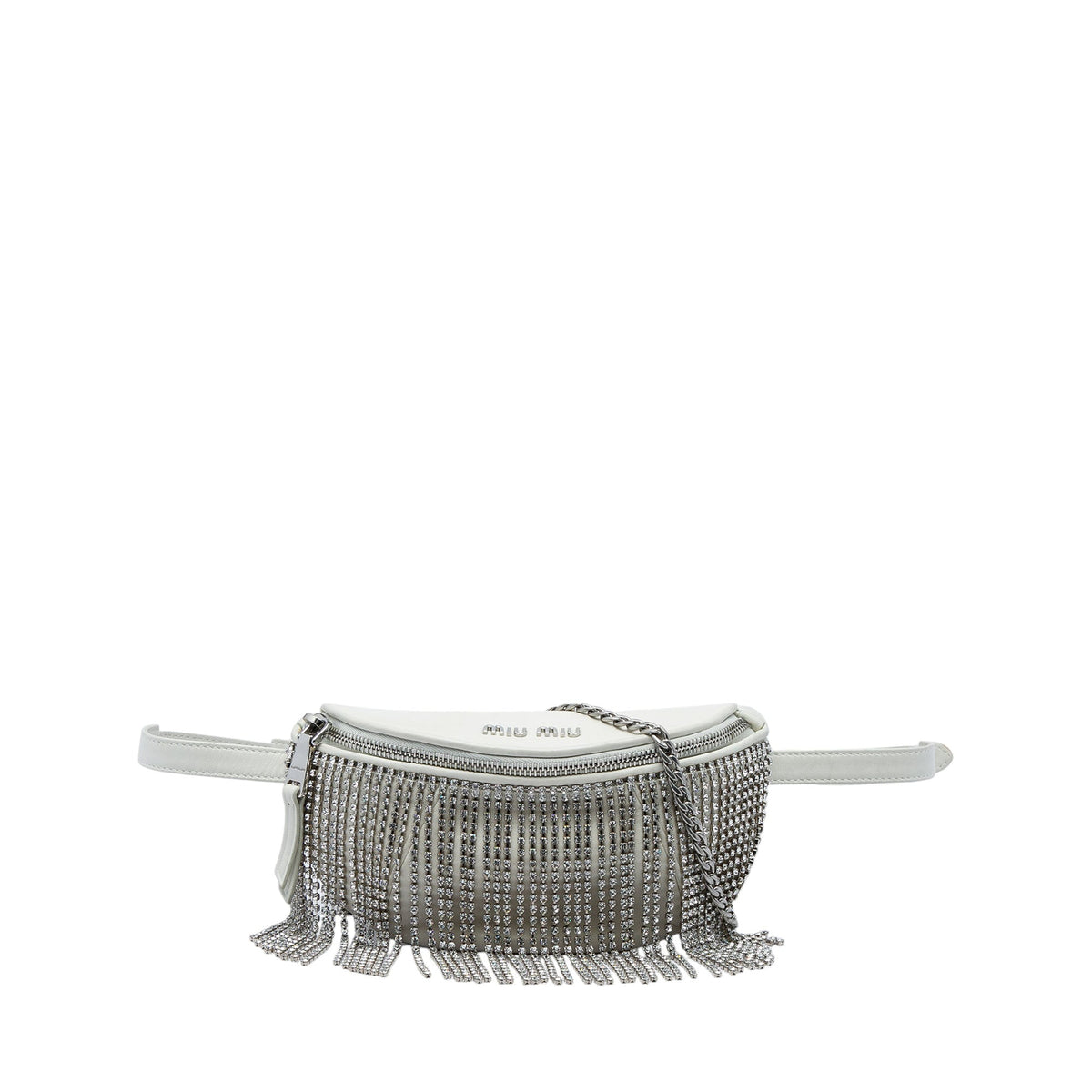 Miu Miu Nappa Crystal Fringe Convertible Belt Bag — White
