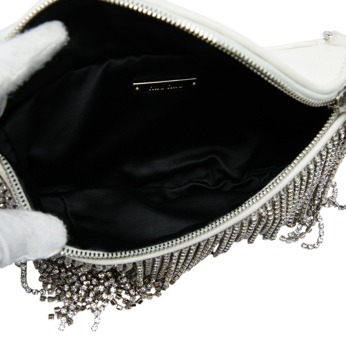 Miu Miu Nappa Crystal Fringe Convertible Belt Bag — White