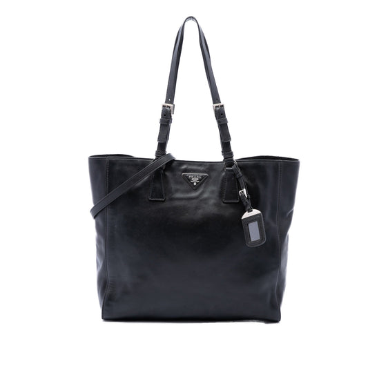 Prada Soft Calf Buckle Convertible Tote — Black