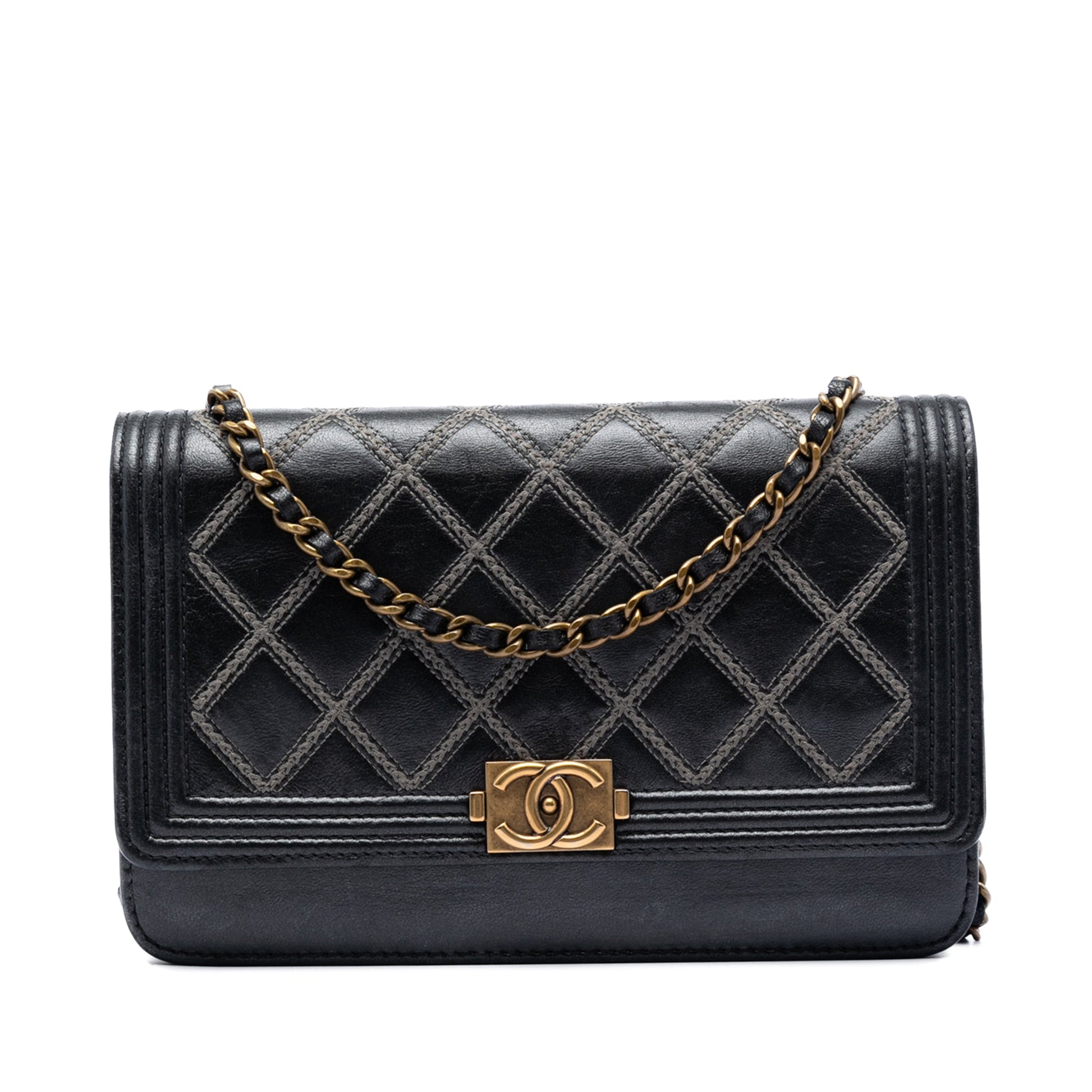 Chanel Quilted Lambskin Double Stitch Boy Wallet On Chain