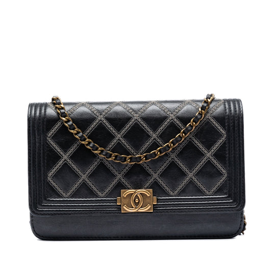 Chanel Quilted Lambskin Double Stitch Boy Wallet On Chain
