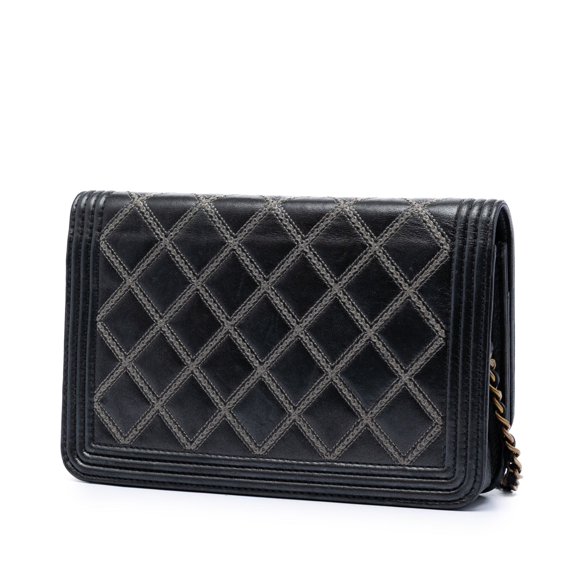 Chanel Quilted Lambskin Double Stitch Boy Wallet On Chain