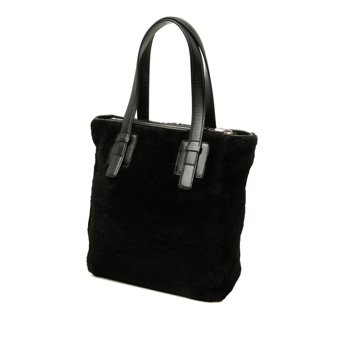 LOEWE Shearling Anagram Vertical Zip Tote — Black