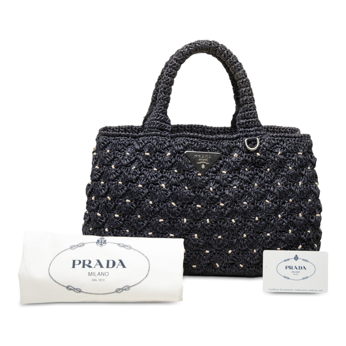 Prada Raffia Effect Crochet Pois Satchel