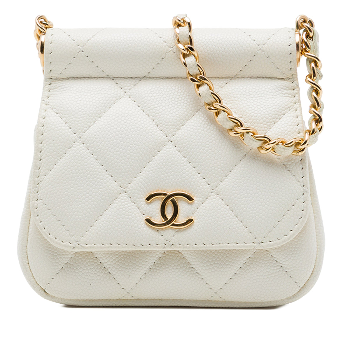 Chanel CC Quilted Caviar Frame Flap Clutch with Chain — White