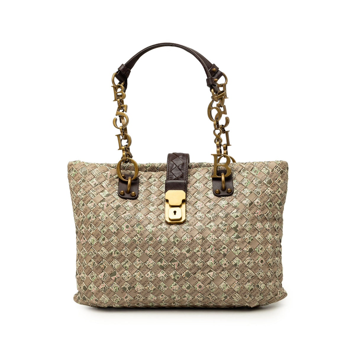 Bottega Veneta Small Printed Nappa Intrecciato Logo Lock Chain Tote — Brown