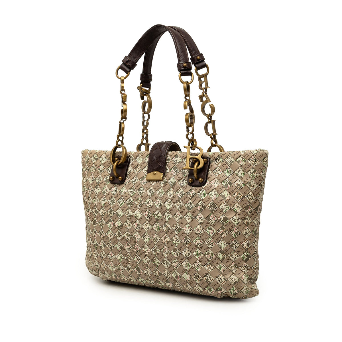 Bottega Veneta Small Printed Nappa Intrecciato Logo Lock Chain Tote — Brown