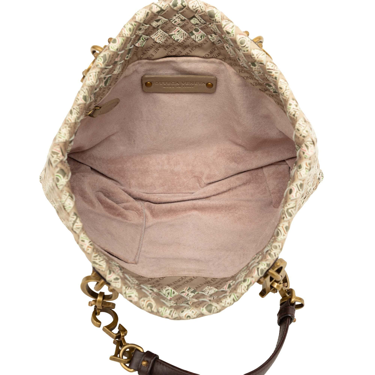 Bottega Veneta Small Printed Nappa Intrecciato Logo Lock Chain Tote — Brown