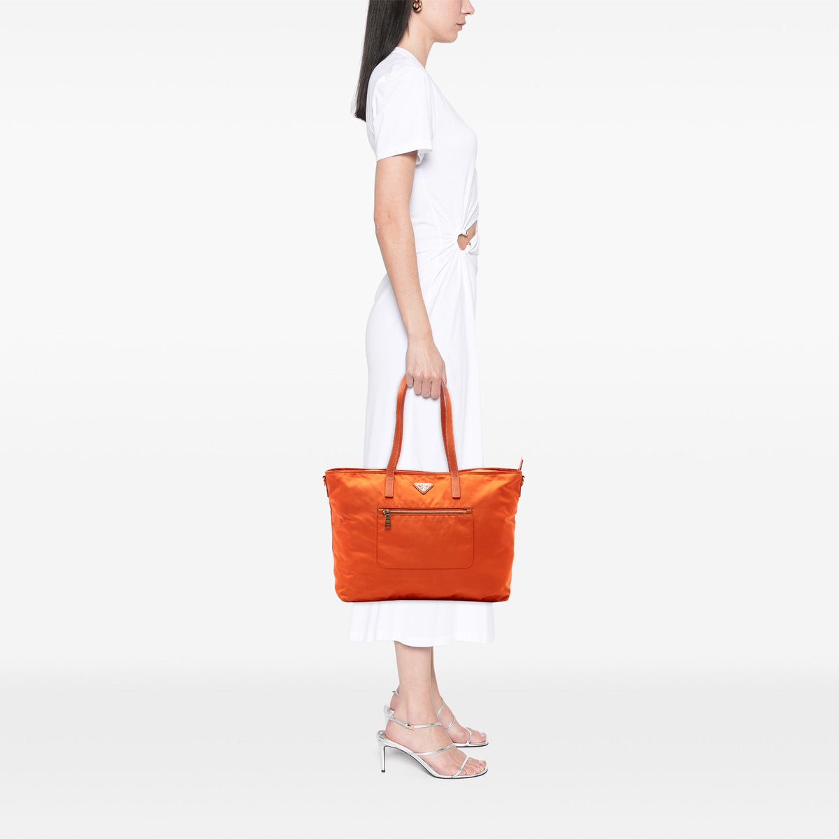 Prada Saffiano Trimmed Tessuto Satchel — Orange