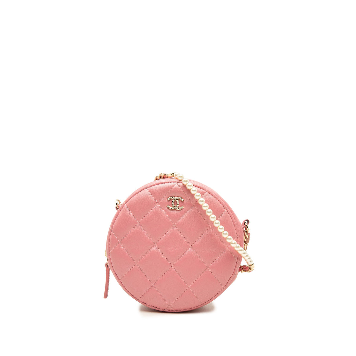 Chanel Quilted Lambskin Round Pearl Clutch with Chain — Pink