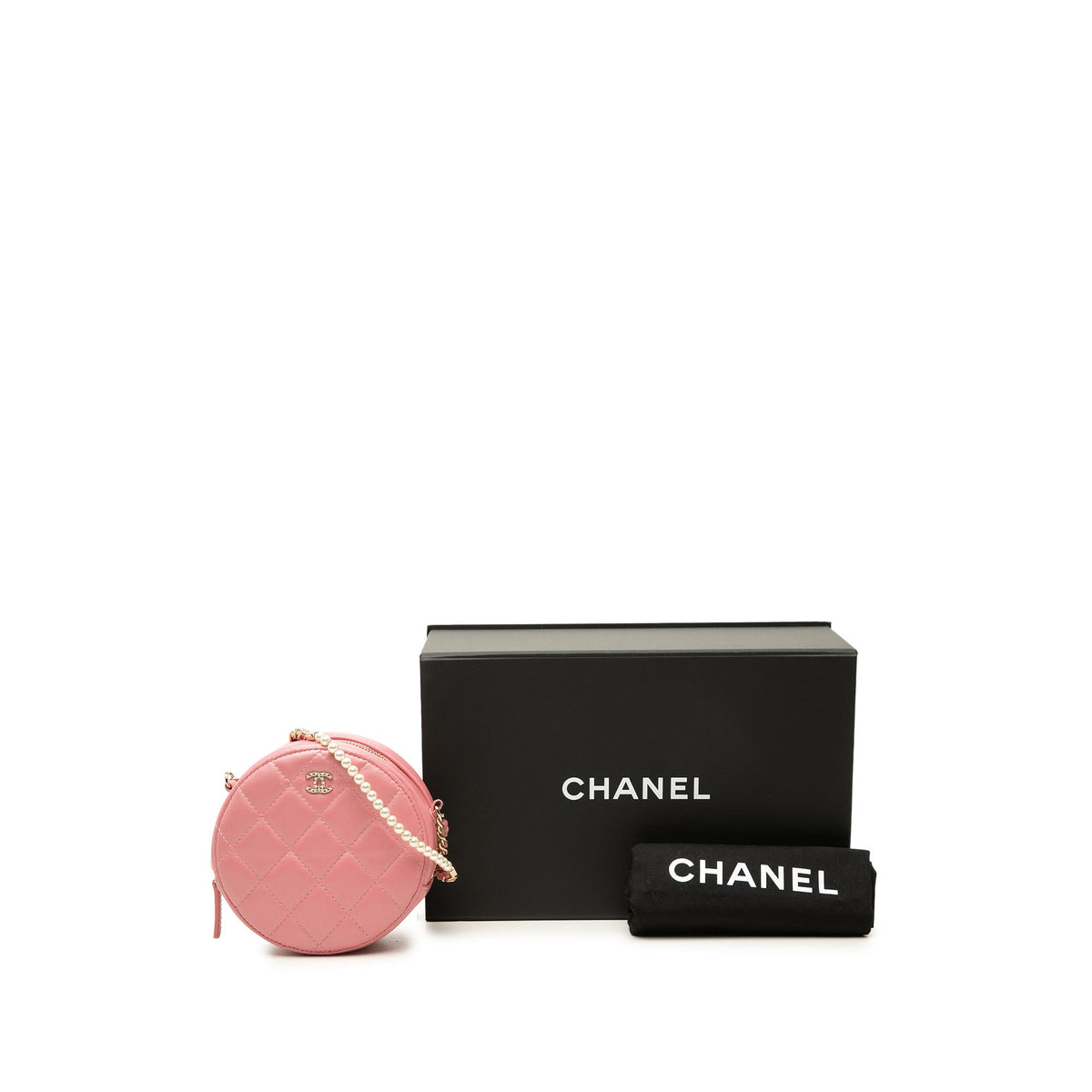 Chanel Quilted Lambskin Round Pearl Clutch with Chain — Pink