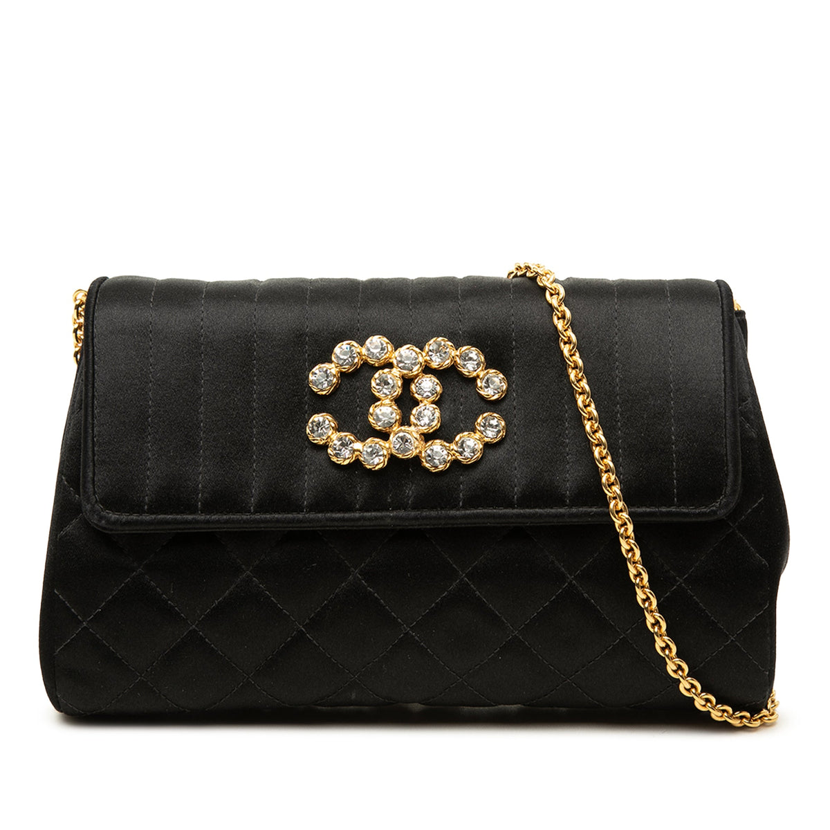 Chanel Mini Crystal Embellished CC Vertical Quilted Satin Evening Bag — Black