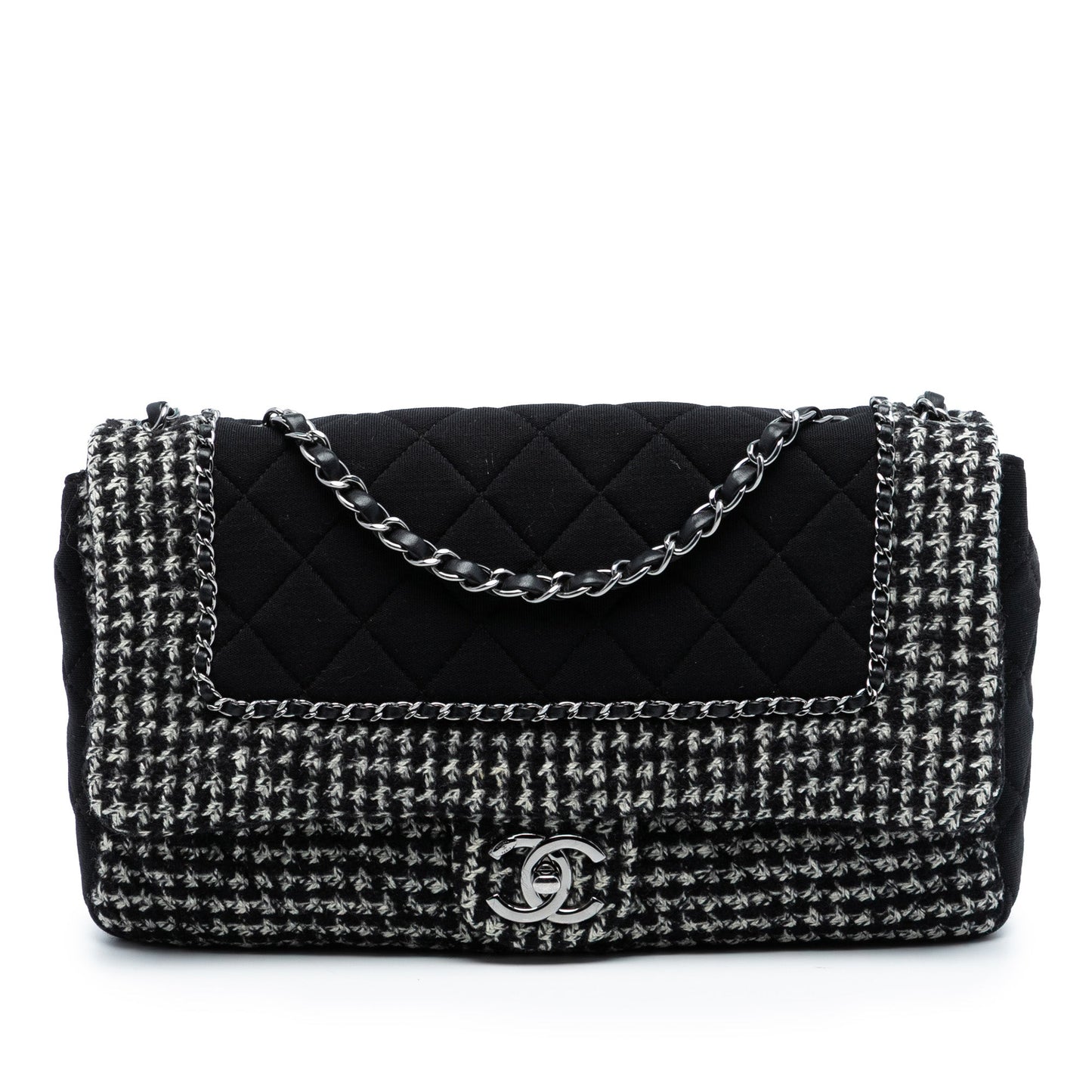 Chanel Jumbo CC Quilted Jersey and Tweed Chain Flap