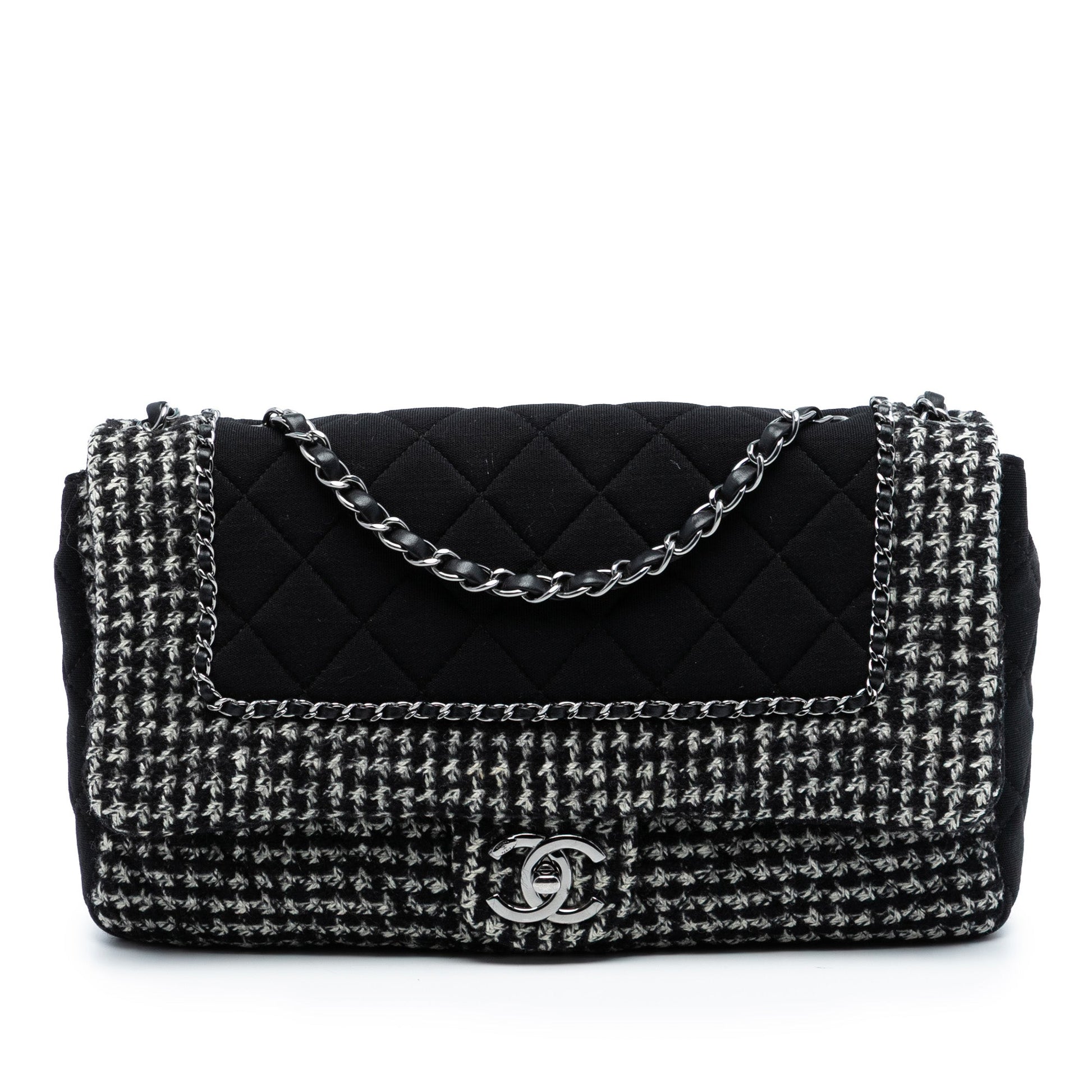 Chanel Jumbo CC Quilted Jersey and Tweed Chain Flap