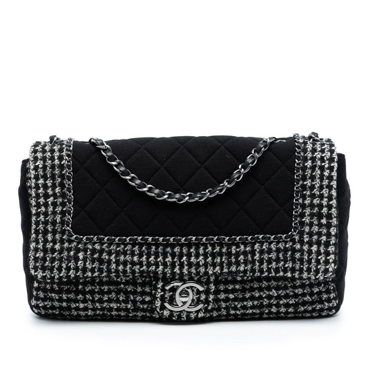 Chanel Jumbo CC Quilted Jersey and Tweed Chain Flap
