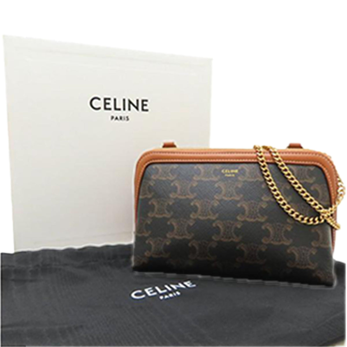 Celine Triomphe Coated Canvas Clutch On Chain — Brown