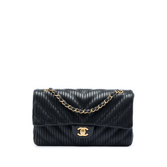 Chanel Medium Classic Chevron Calfskin Pleated Double Flap