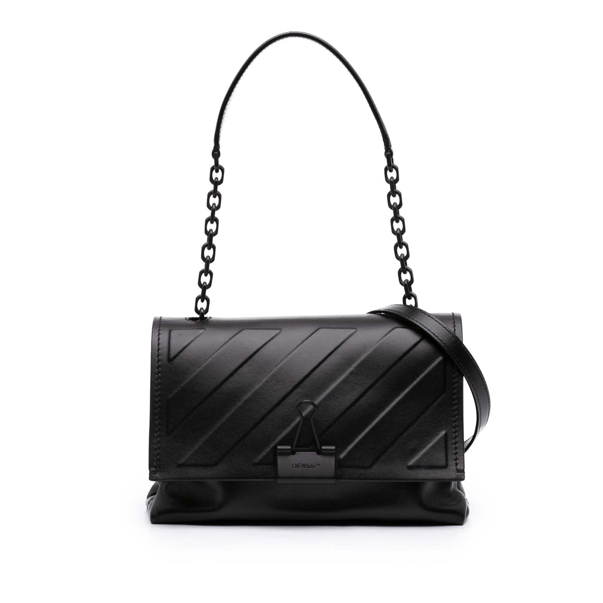 Off-White Embossed Leather Diag Binder Clip Flap — Black