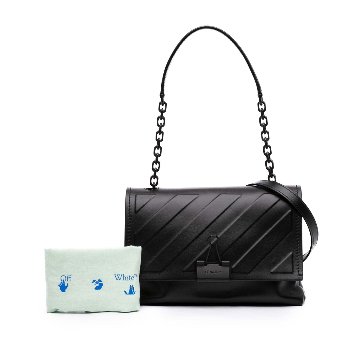Off-White Embossed Leather Diag Binder Clip Flap — Black