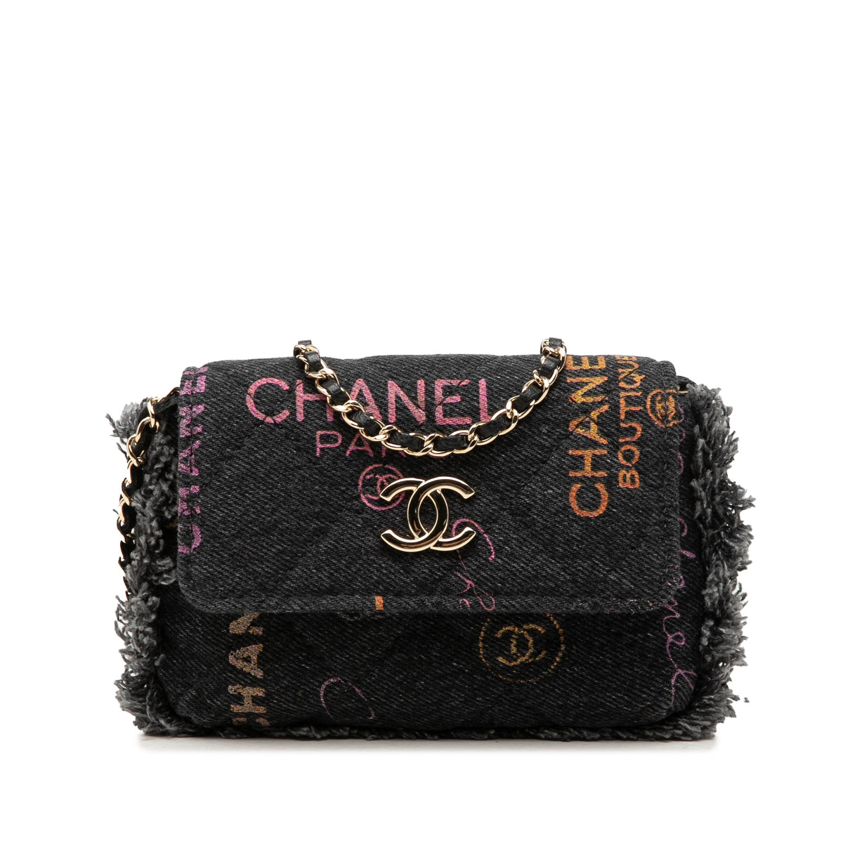 Chanel Fringe Denim Mood Clutch with Chain